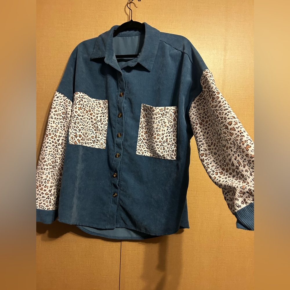 Blue and White Corduroy Button Down Shirt with Cheetah Print XL